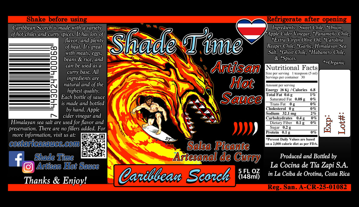 "Shade Time Caribbean Scorch hot sauce ingredients. Shade Time Caribbean Scorch hot sauce label"