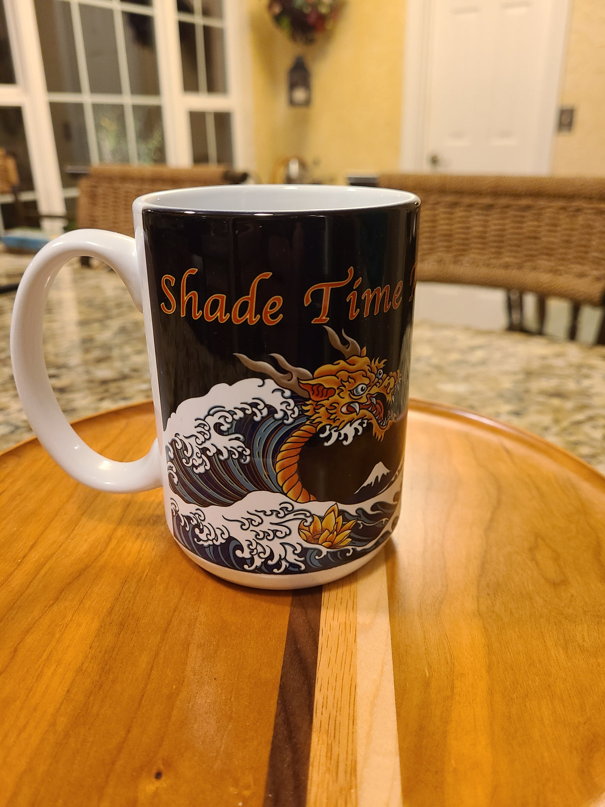"Shade Time ceramic coffee mug with Thai sauce artwork, 15 oz"
