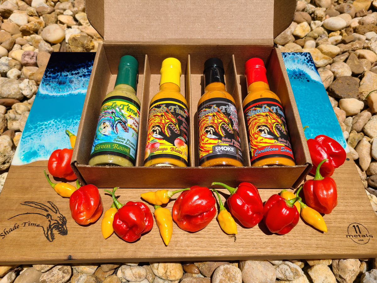 "Shade Time 4-pack hot sauce set with 5 oz bottles of popular flavors"