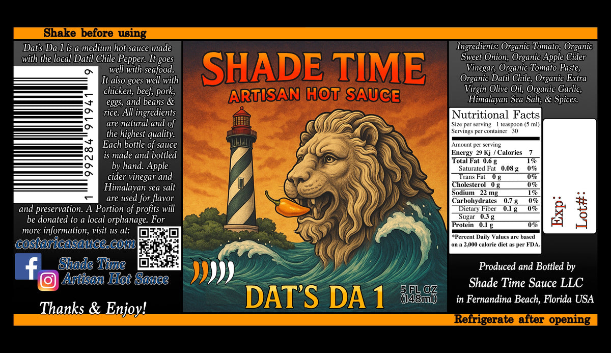 "Dat's Da 1 label with ingredients and nutritional data"