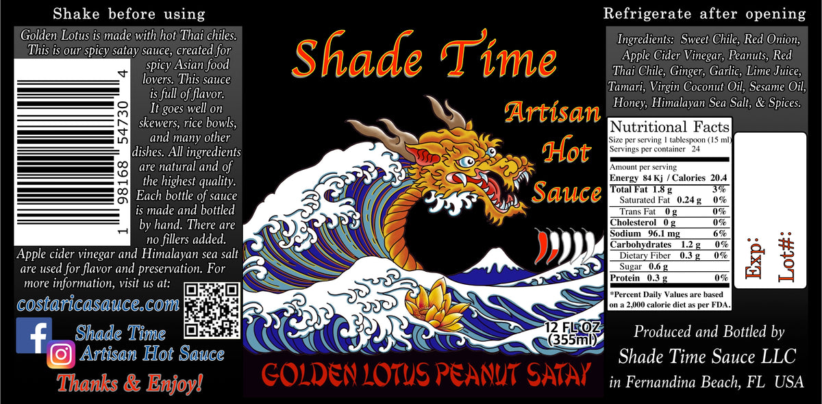 "Golden Lotus Peanut Satay label with ingredients and nutritional data"