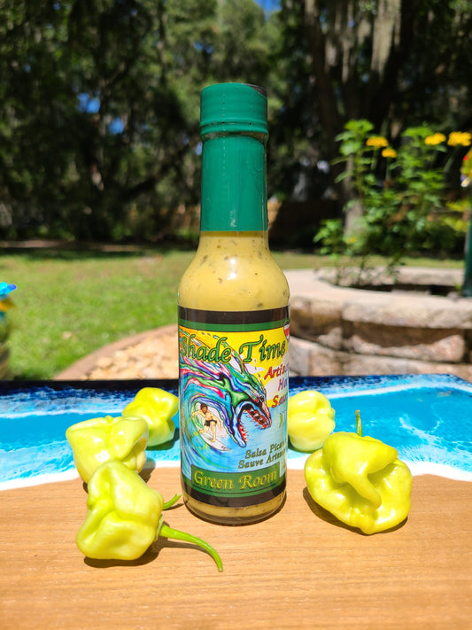 "Bottle of Shade Time Green Room Mexican style mild hot sauce" 