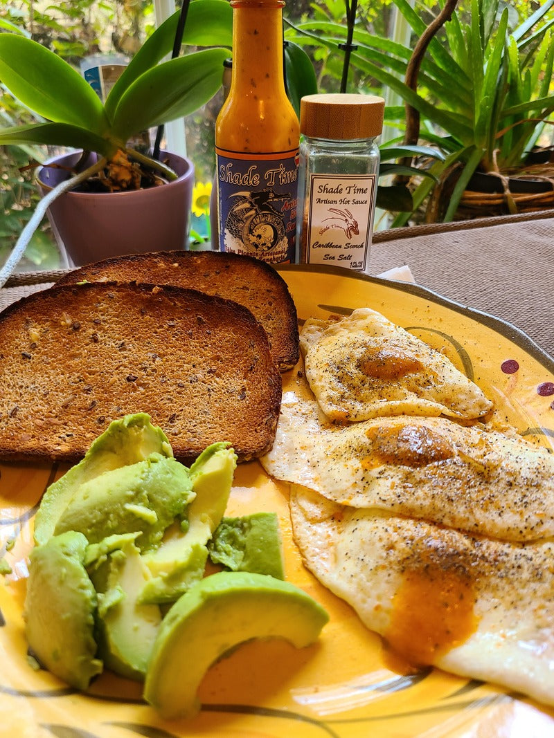 "Shade Time Parrot Sauce and Caribbean Scorch Sea Salt on eggs"