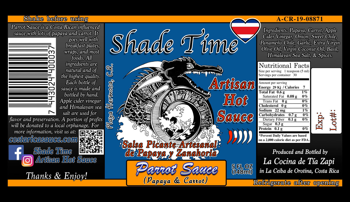 "Parrot Sauce label with ingredients and nutritional data"