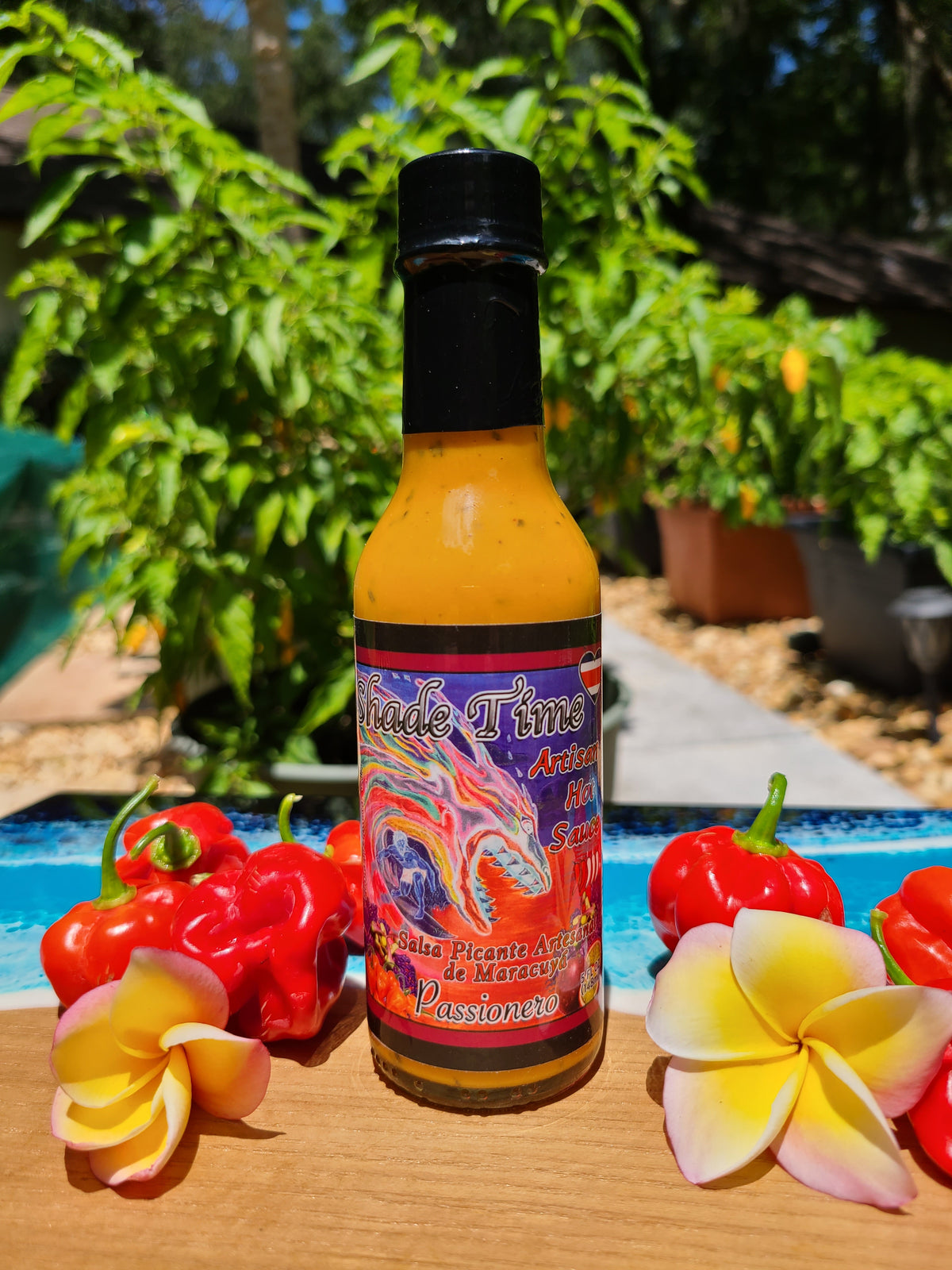 "Passionero hot sauce bottle with passion fruit and Habanero chiles"