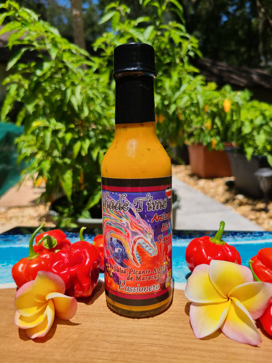 "Passionero hot sauce bottle with passion fruit and Habanero chiles"