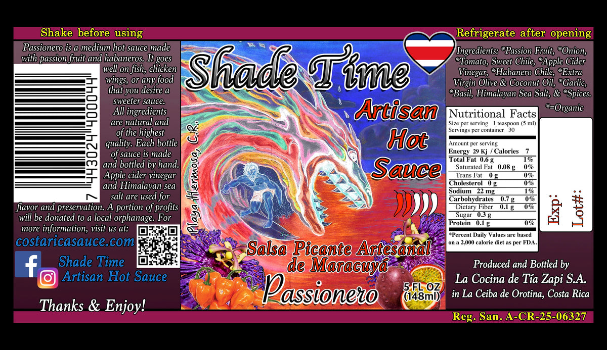 "Shade Time Passionero label with ingedients and nutritional data"