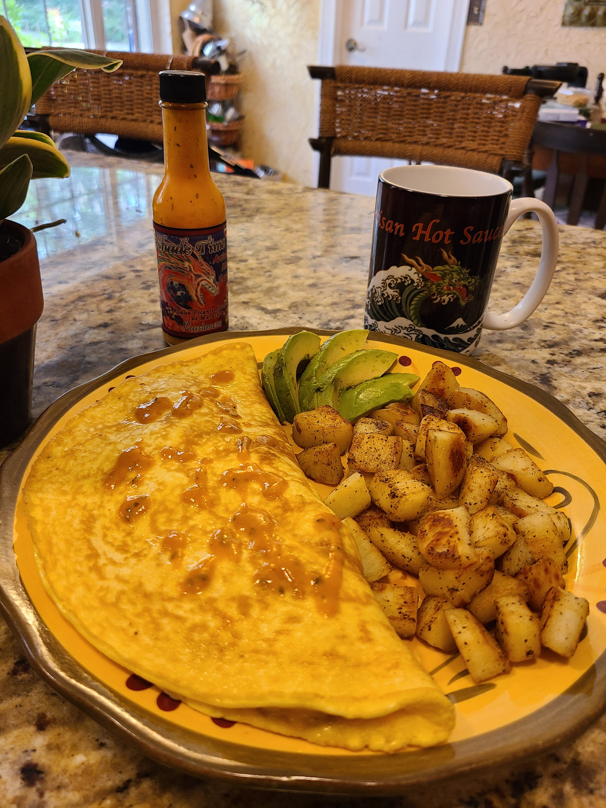 "Omelette with Shade Time Passionero hot sauce"