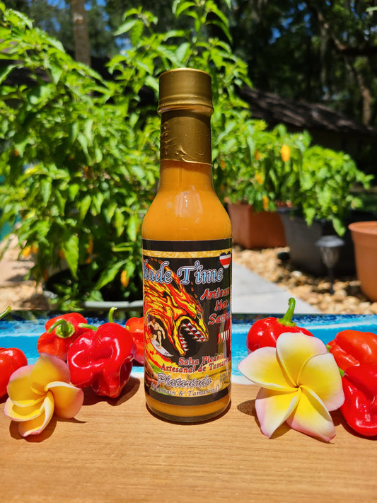"Platarindo hot sauce bottle with plantains and tamarind fruit"