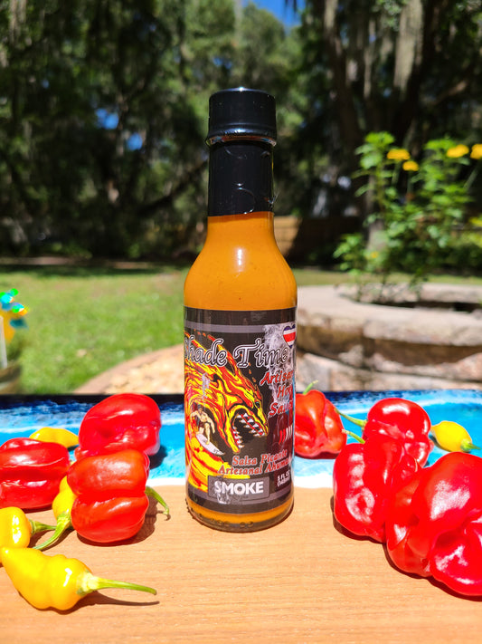 "Bottle of Smoke hot sauce with smoked Scotch Bonnet peppers"