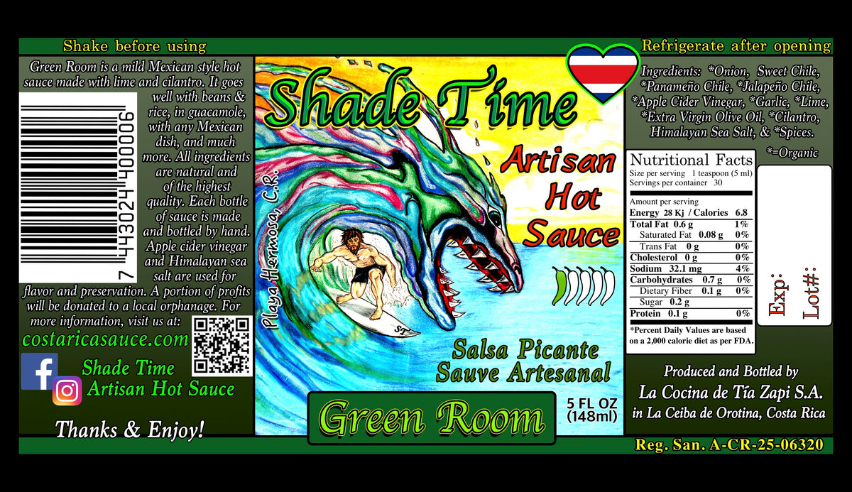 "Shade Time Green Room label with ingredients and nutritional data"