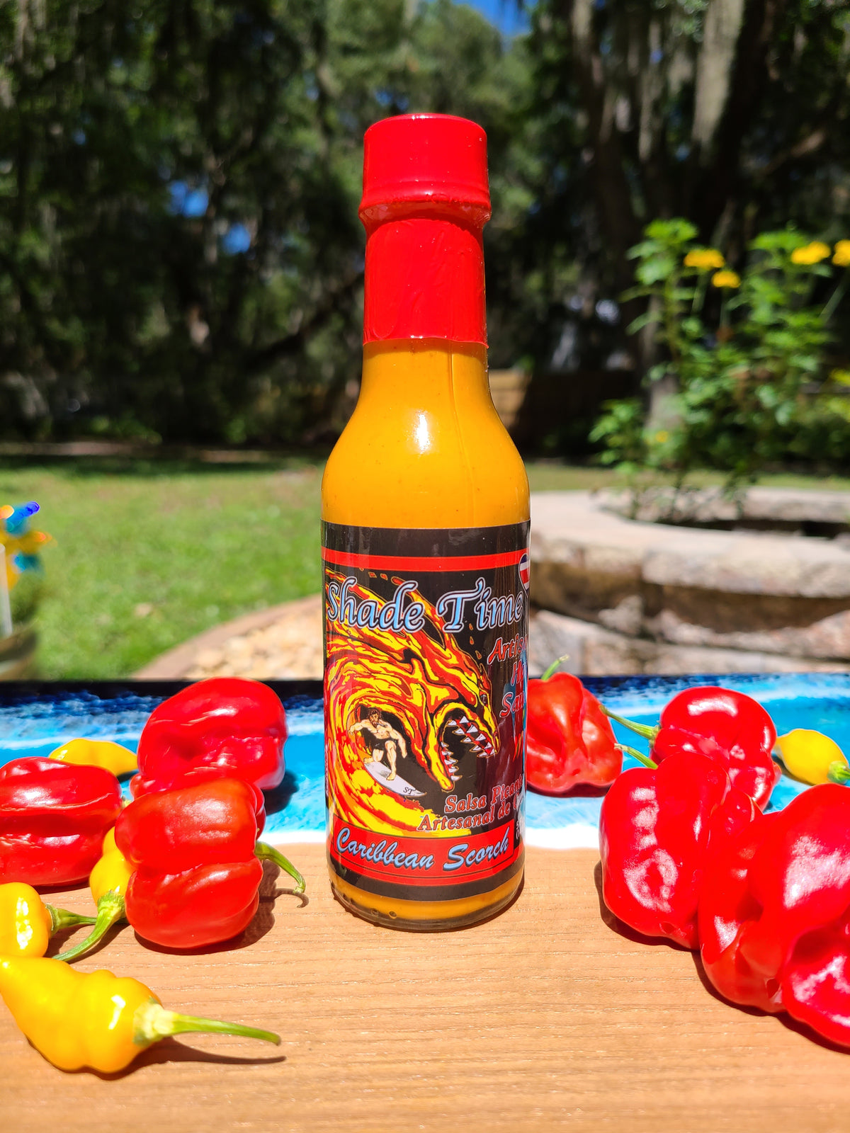 "Bottle of Caribbean Scorch hot sauce with curry spices and chiles"